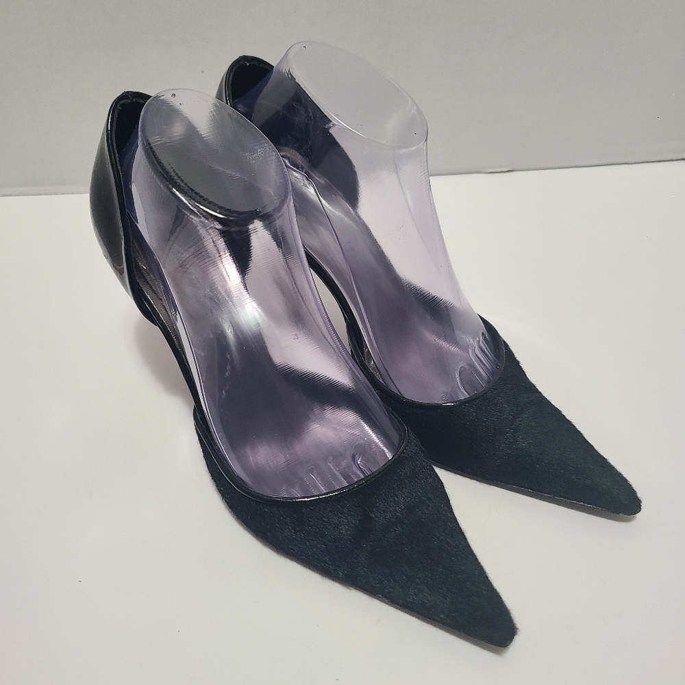 Kenneth Cole New York Black Faux Fur Patent Leather Silver Heels Size‎ 7.5